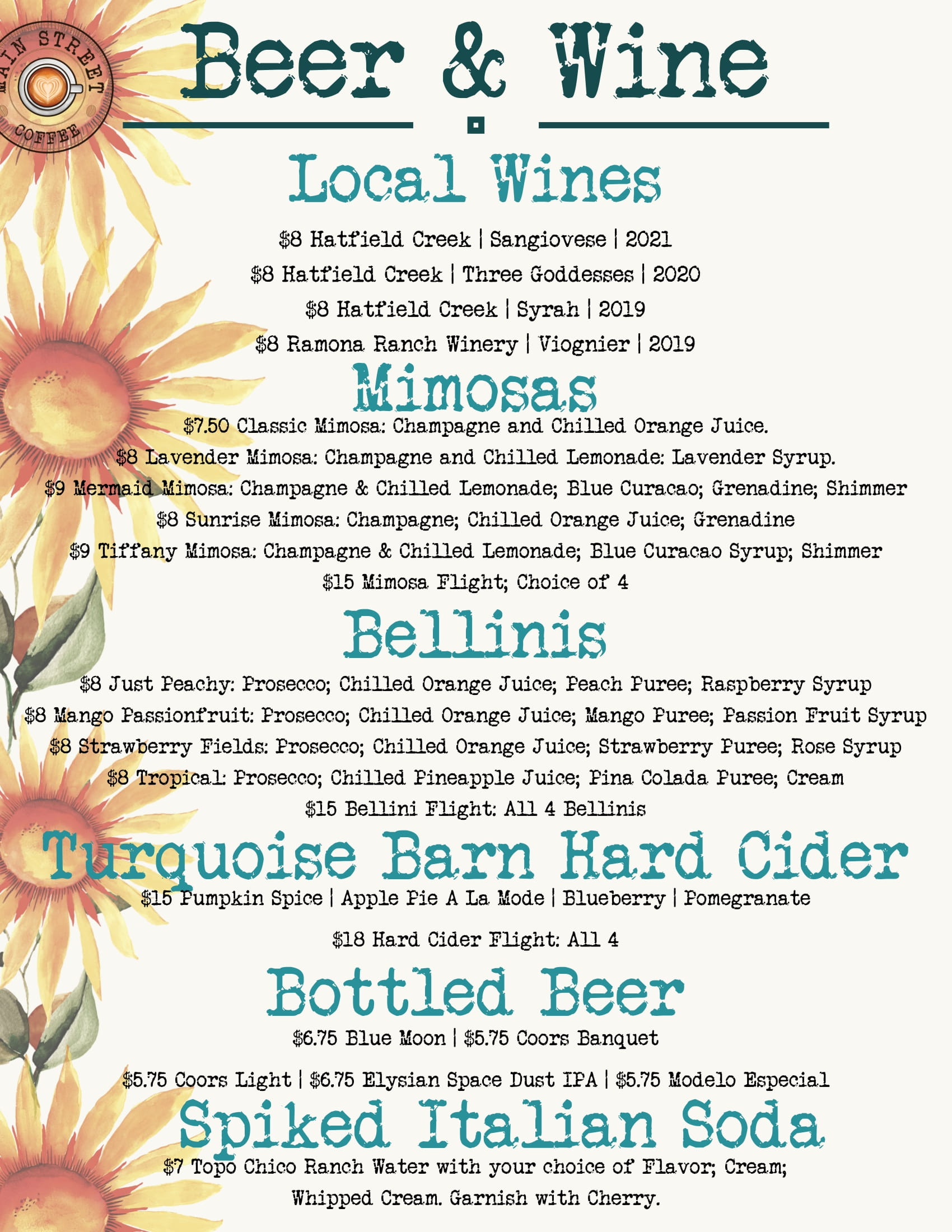 Main Street Coffee Beer and Wine Menu