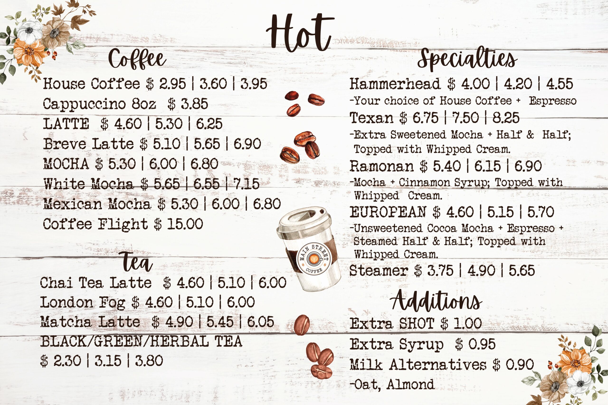 Main Street Coffee Hot Beverages 2023 Menu Main Street Coffee Hot Beverages 2023 Menu