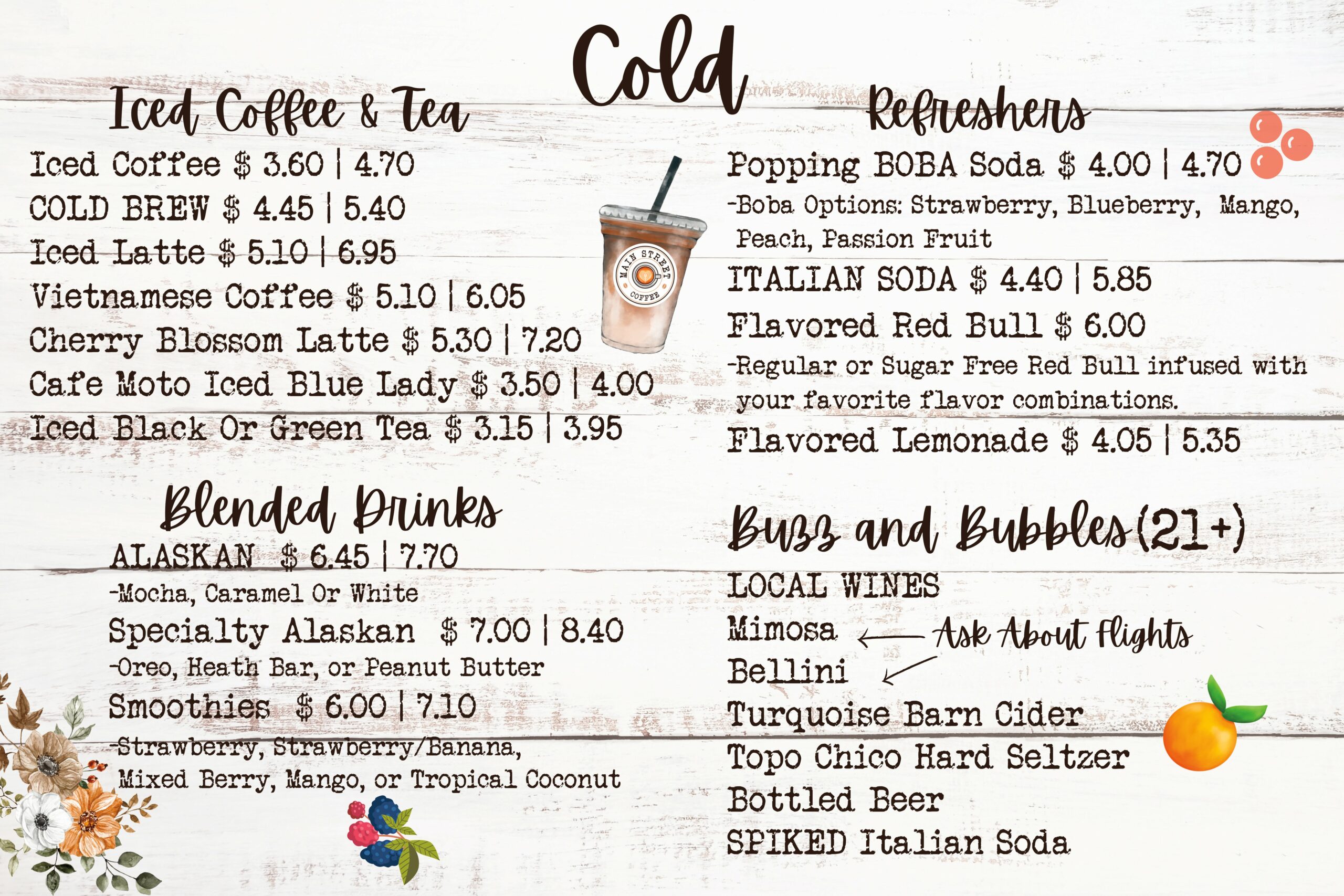 Main Street Coffee Cold Beverages 2023 Menu